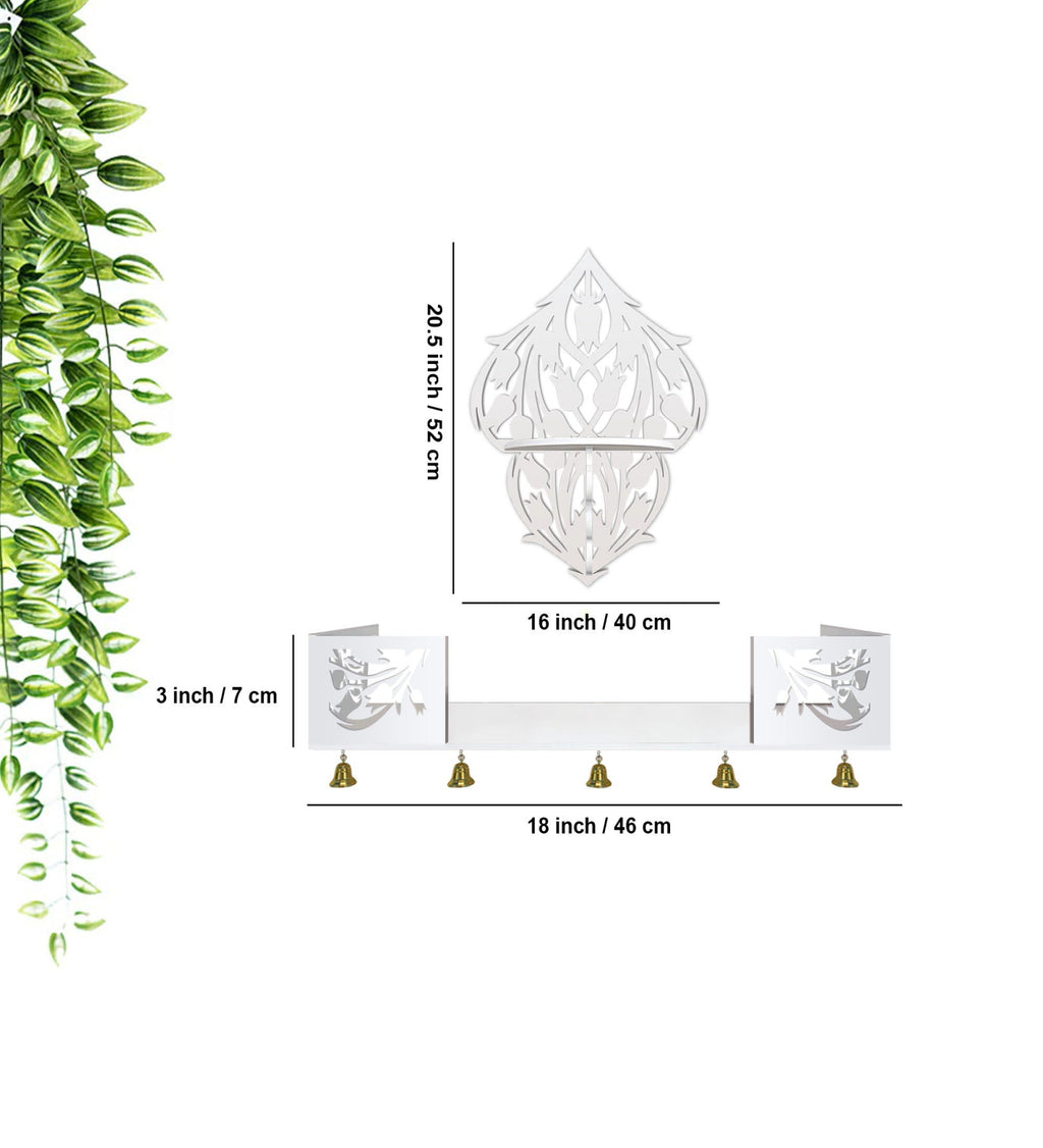 Beautiful Flower Art Designer Wall Hanging Wooden Temple/ Pooja Mandir Design with Shelf, White Color