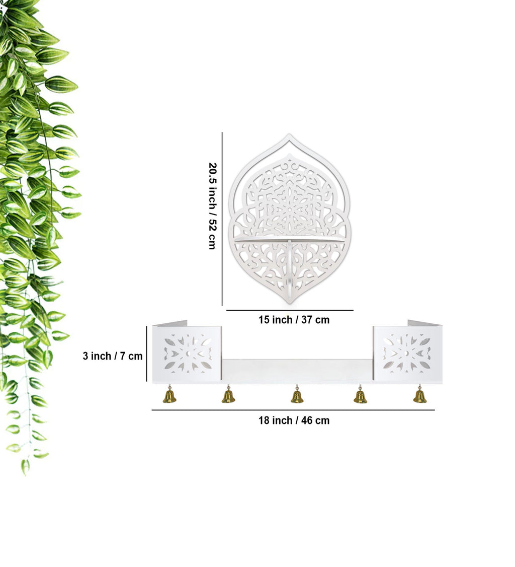 Intricate Jali Designer Shaped Wall Hanging Wooden Temple/ Pooja Mandir Design with Shelf, White Color