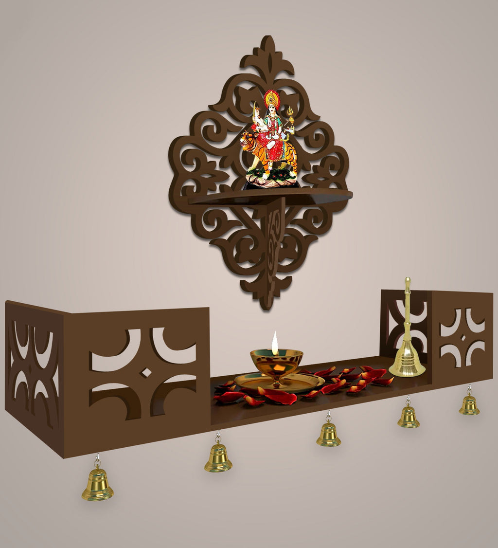 Modern Designer Pattern Wall Hanging Wooden Temple/ Pooja Mandir Design with Shelf, Brown Color