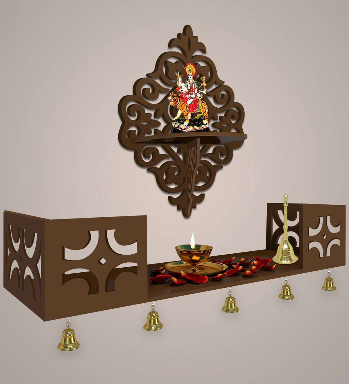 Modern Designer Pattern Wall Hanging Wooden Temple/ Pooja Mandir Design with Shelf, Brown Color