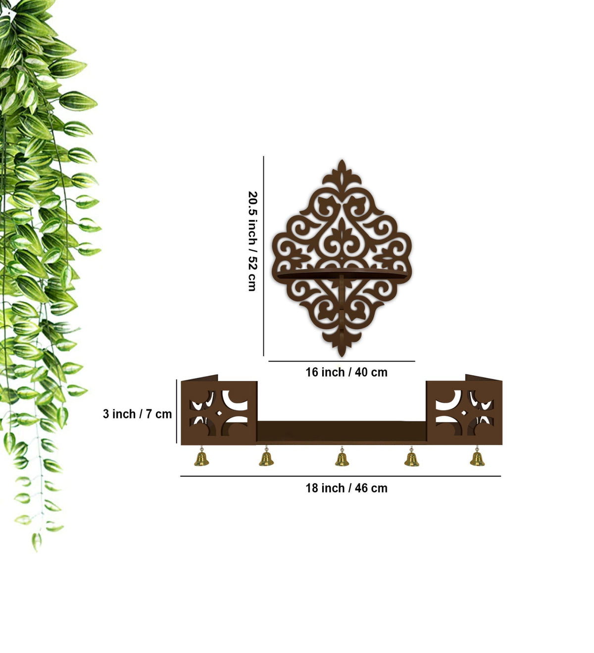 Modern Designer Pattern Wall Hanging Wooden Temple/ Pooja Mandir Design with Shelf, Brown Color