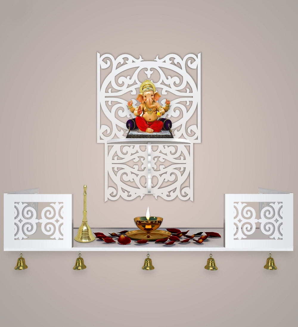 Aesthetic Pattern Designer Square Shaped Wall Hanging Wooden Temple/ Pooja Mandir Design with Shelf, White Color