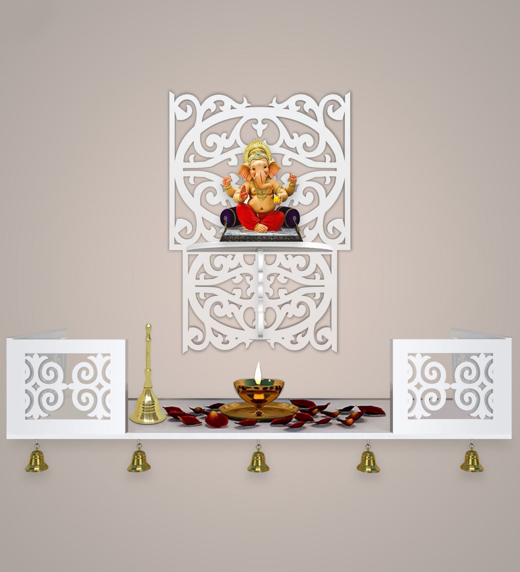 Aesthetic Pattern Designer Square Shaped Wall Hanging Wooden Temple/ Pooja Mandir Design with Shelf, White Color