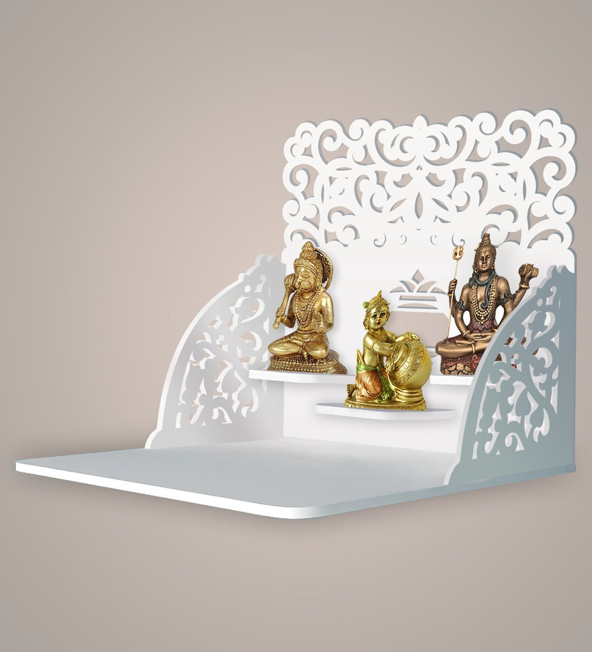 Aesthetic Designer Art Wall Hanging Wooden Temple/ Pooja Mandir Design with Shelf, White Color