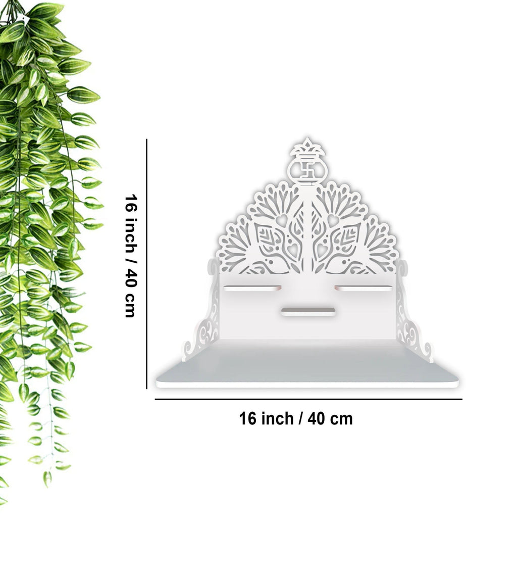 Swastika Kalash Symbol of Hindu Religious Wall Hanging Wooden Temple/ Pooja Mandir Design with Shelf, White Color