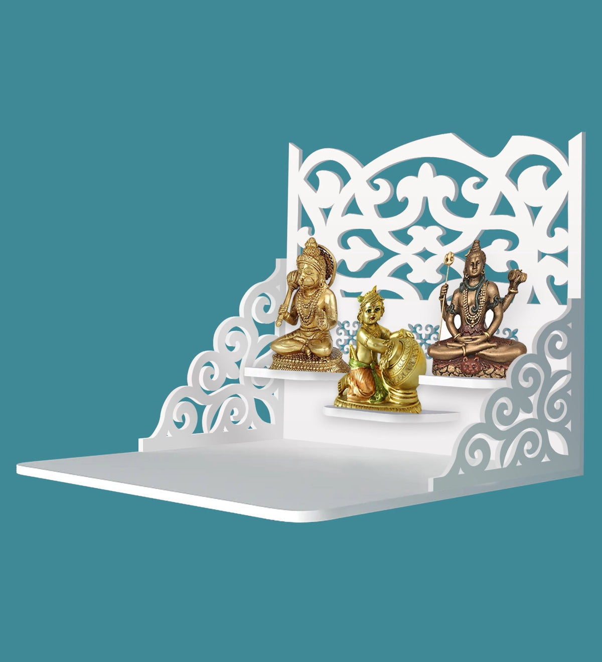 Modern Divine Beautiful Wall Hanging Wooden Temple/ Pooja Mandir Design with Shelf, White Color