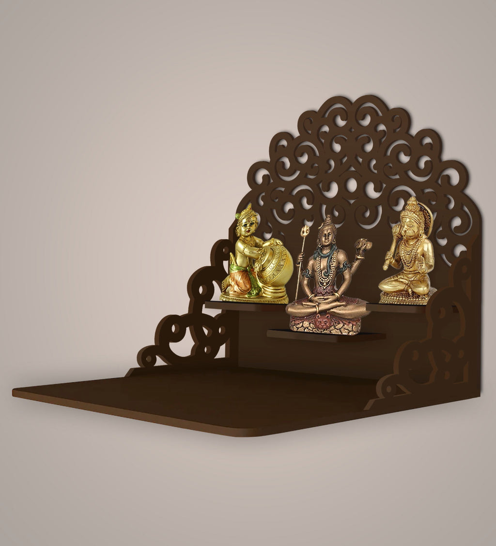 Classic Pattern Designer Wall Hanging Wooden Temple/ Pooja Mandir Design with Shelf, Brown Color