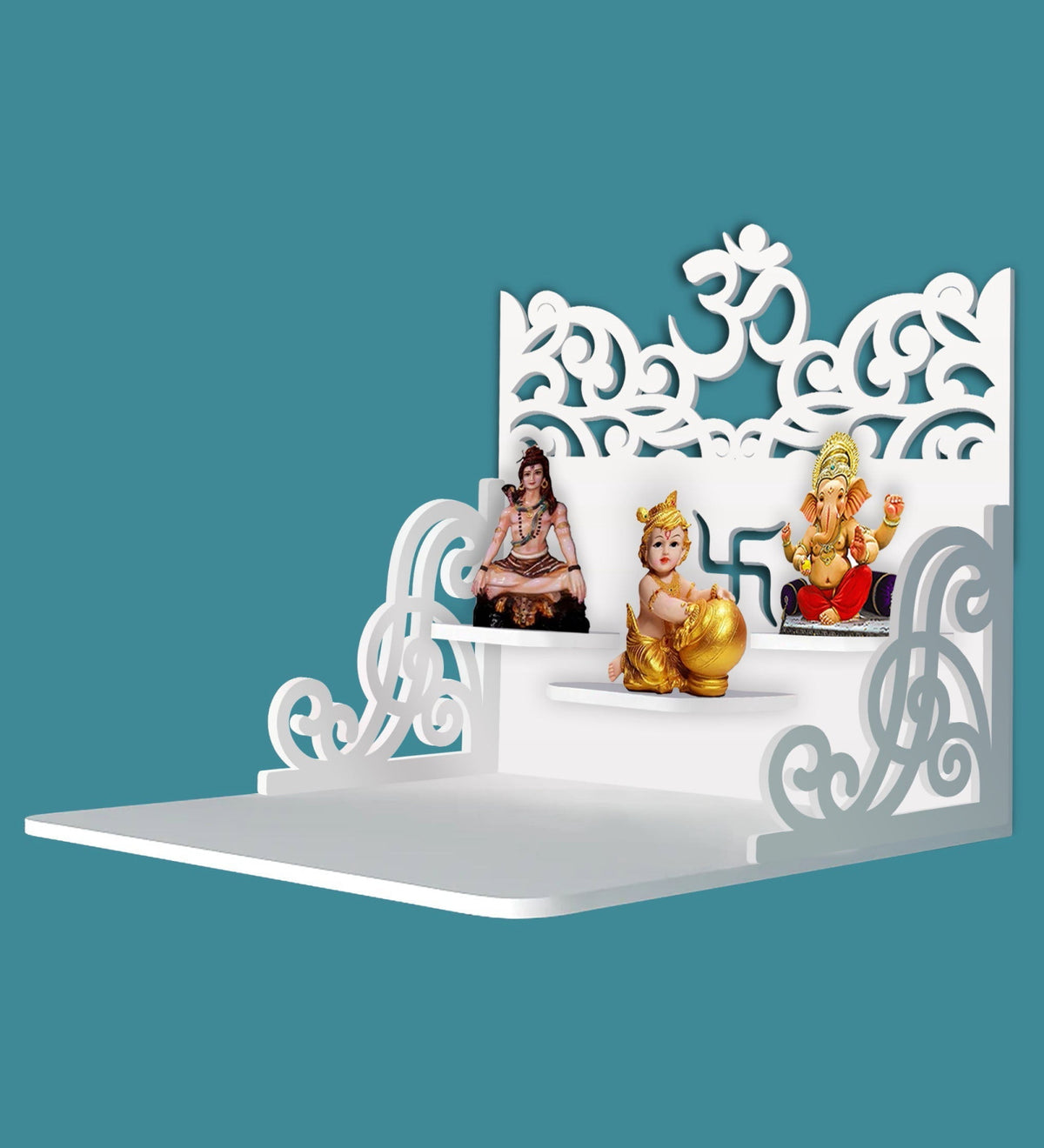 Hindu Holy Symbol of OM Design Art Wall Hanging Wooden Temple/ Pooja Mandir Design with Shelf, White Color