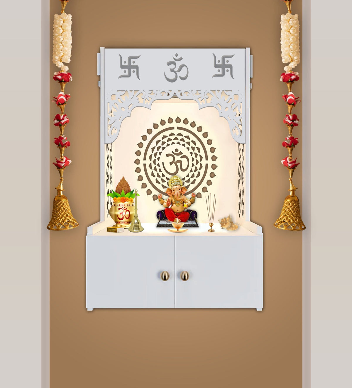 Designer Om Chakra White Wood Temple with Inbuilt Focus Light & Spacious Shelf