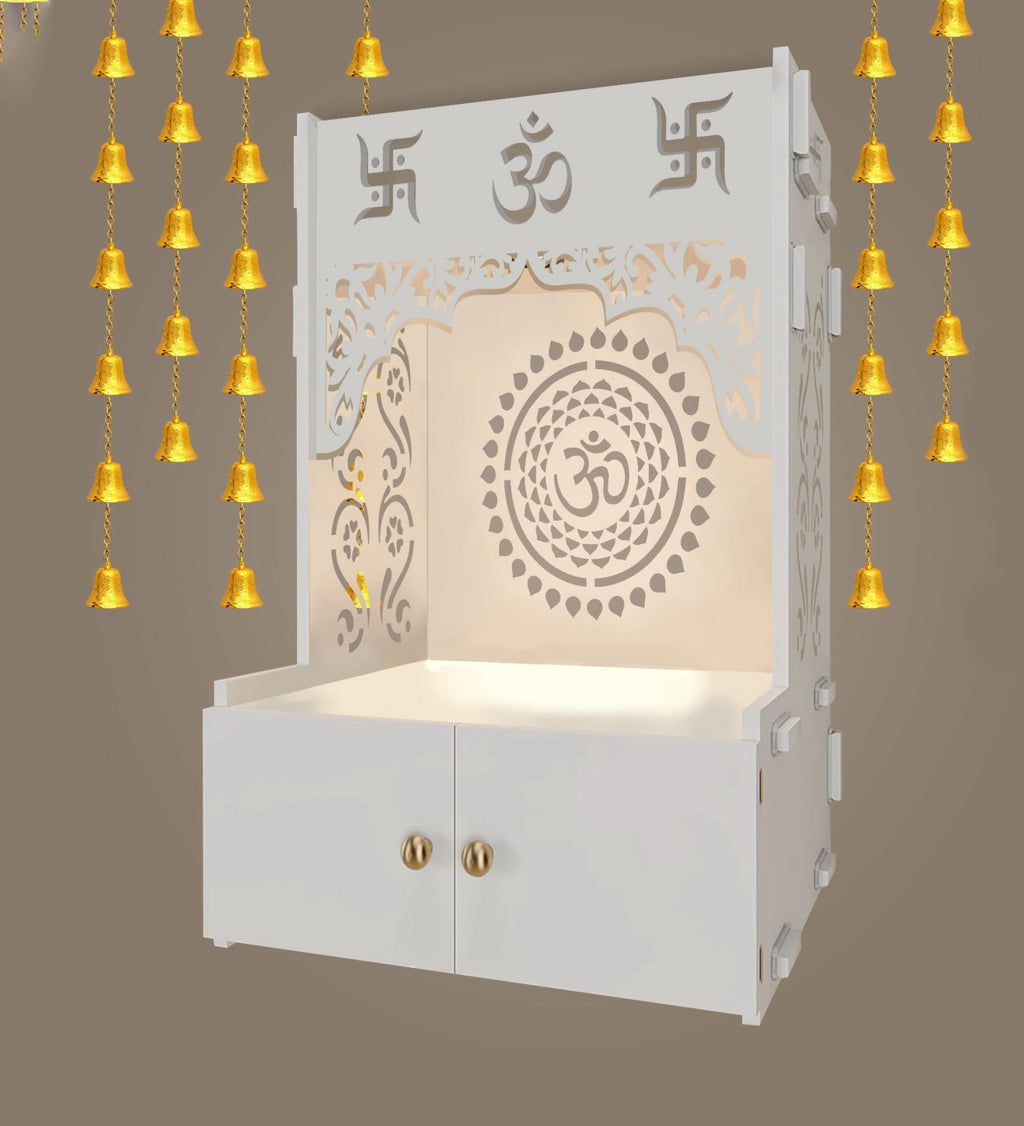 Designer Om Chakra White Wood Temple with Inbuilt Focus Light & Spacious Shelf