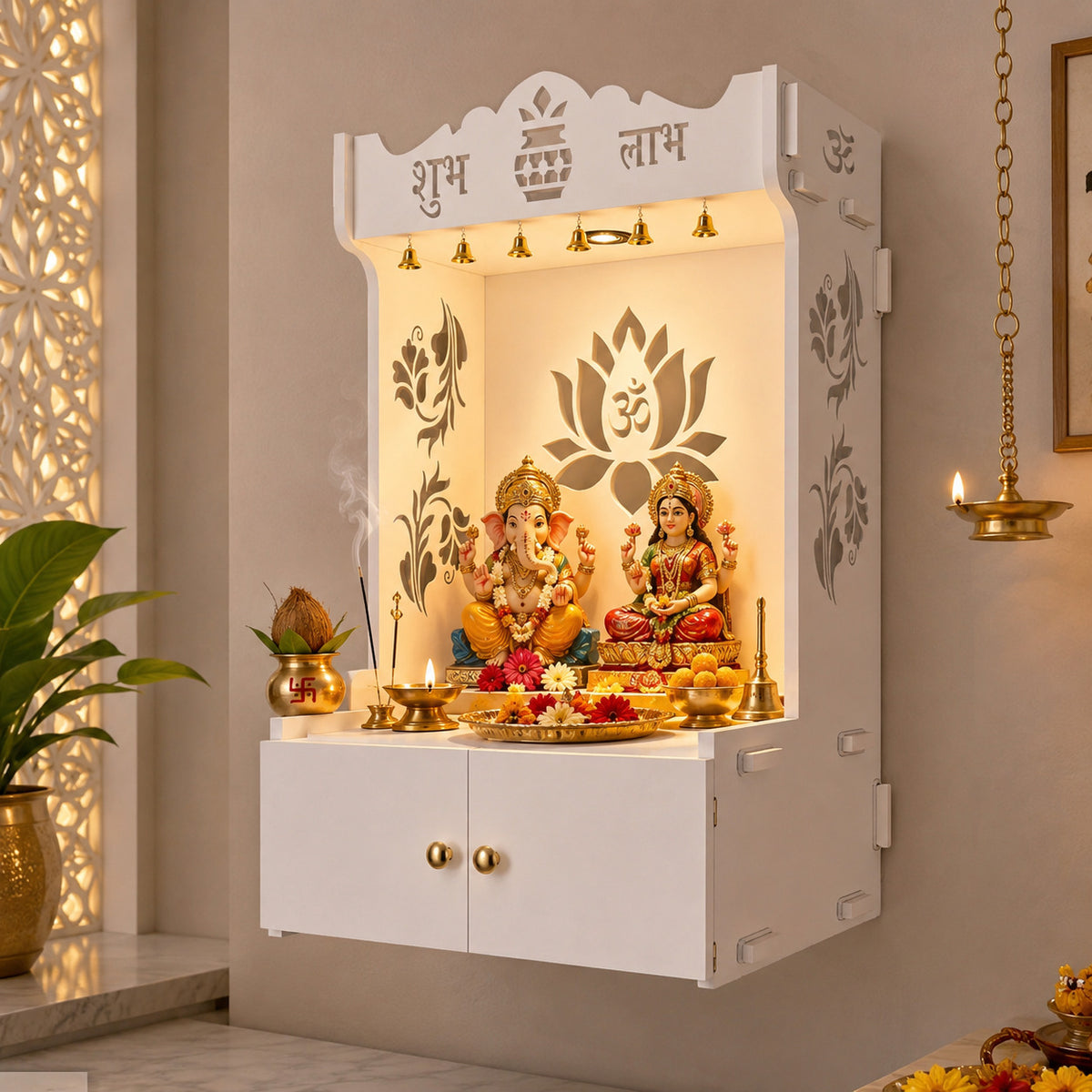 Beautiful Lotus Pattern White Wooden Wall Temple for Home With Inbuilt focus Lights & Spacious Shelf