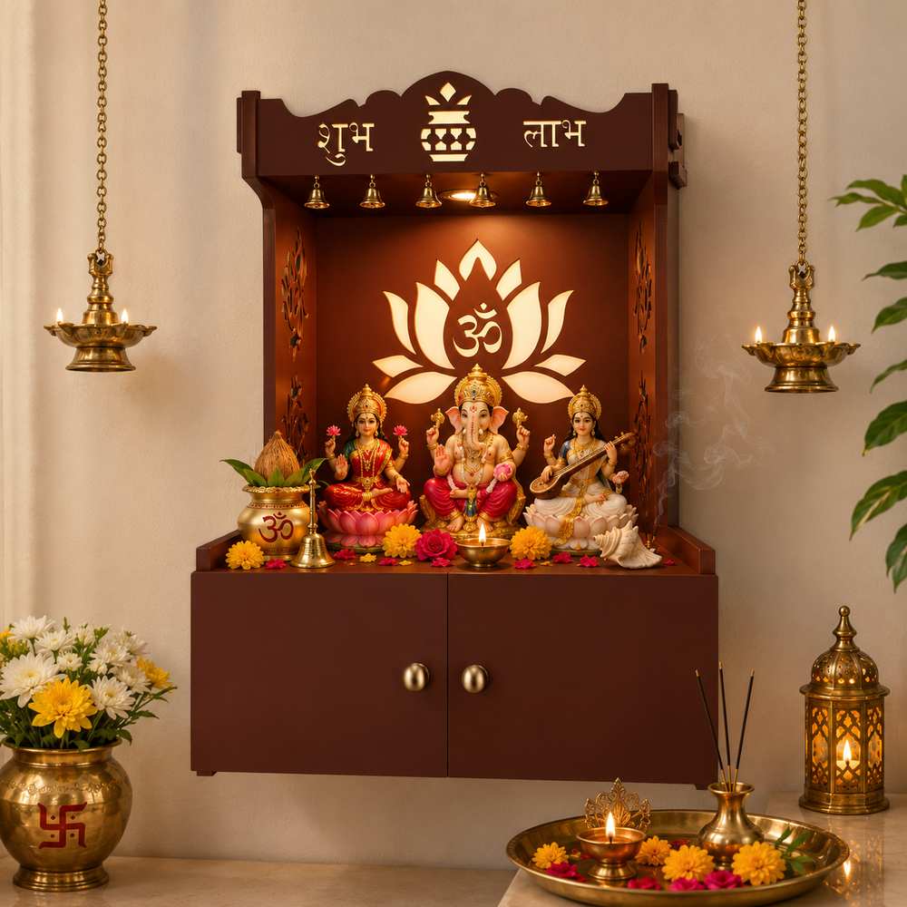 Beautiful Lotus Pattern Brown Wooden Wall Temple for Home With Inbuilt focus Lights & Spacious Shelf