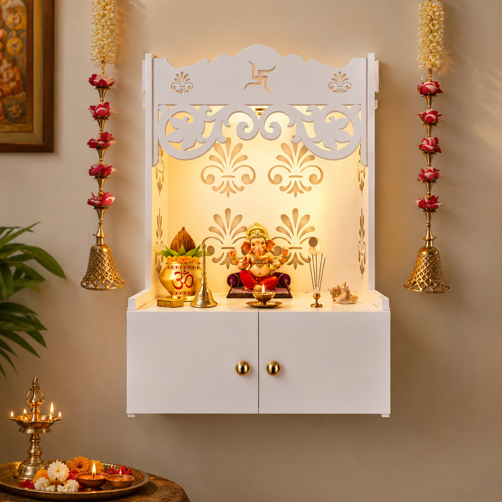 Shubh Labh Symbol of Hindu Religious White Wooden Wall Temple for Home With Inbuilt focus Lights & Spacious Shelf
