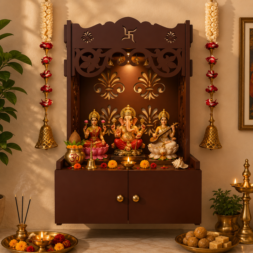 Shubh Labh Symbol of Hindu Religious Brown Wooden Wall Temple for Home With Inbuilt focus Lights & Spacious Shelf