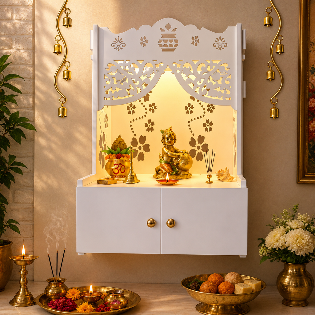 Swastika Kalash Symbol of Hindu Religious White Wooden Wall Temple for Home With Inbuilt focus Lights & Spacious Shelf