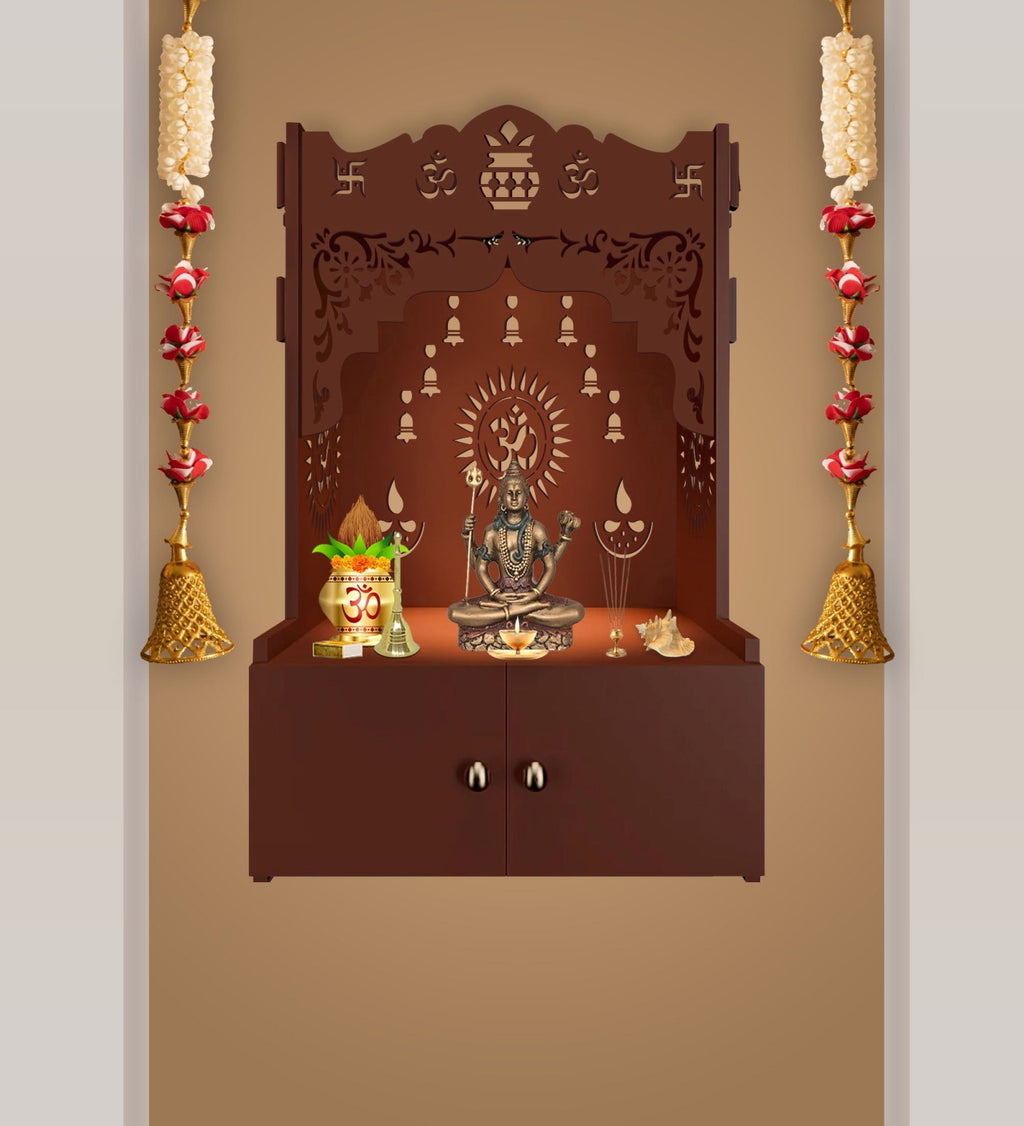 Designer Holy Symbol Om White Wood Temple with Inbuilt Focus Light & Spacious Shelf