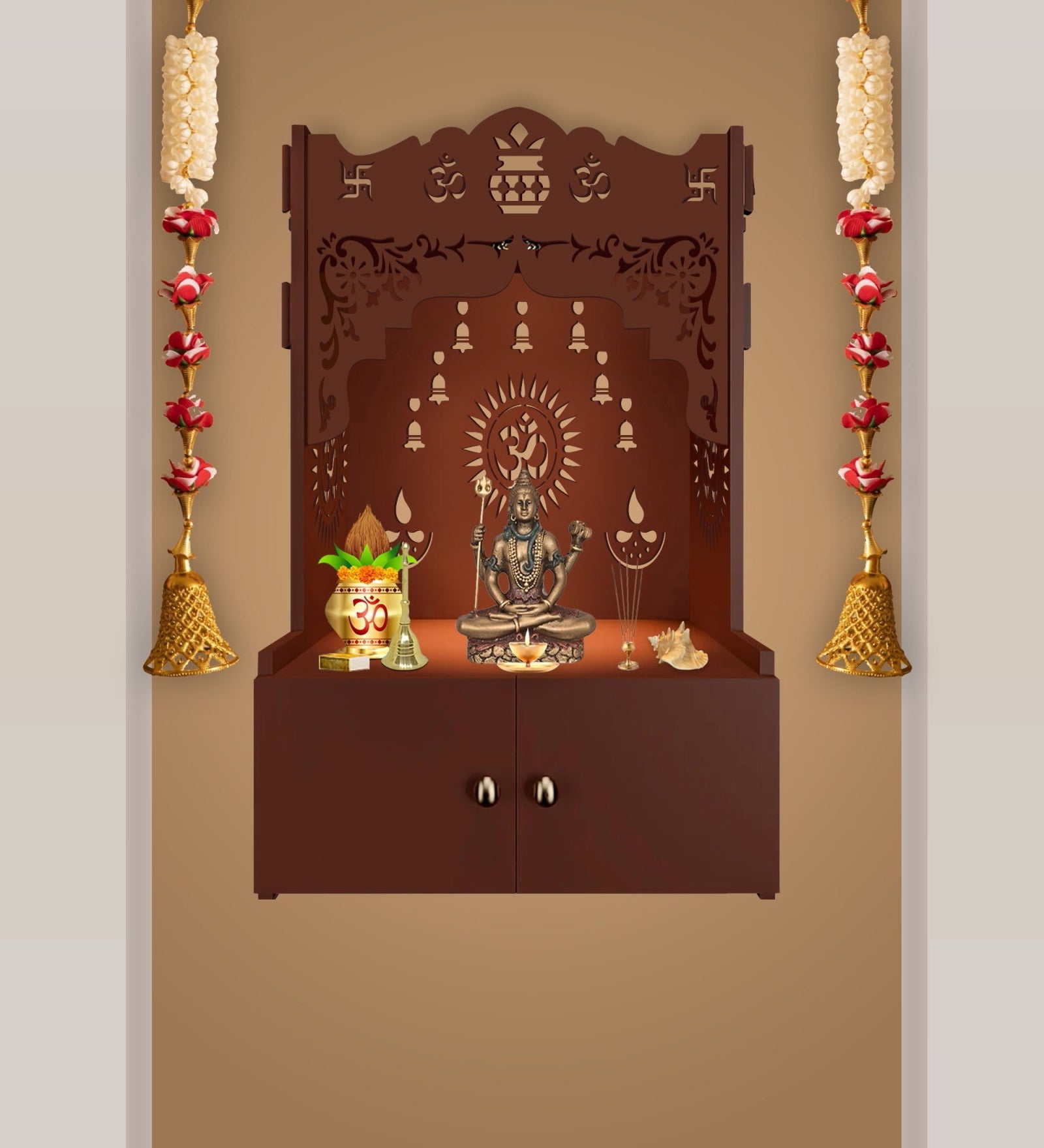 Designer Holy Symbol Om White Wood Temple with Inbuilt Focus Light & Spacious Shelf