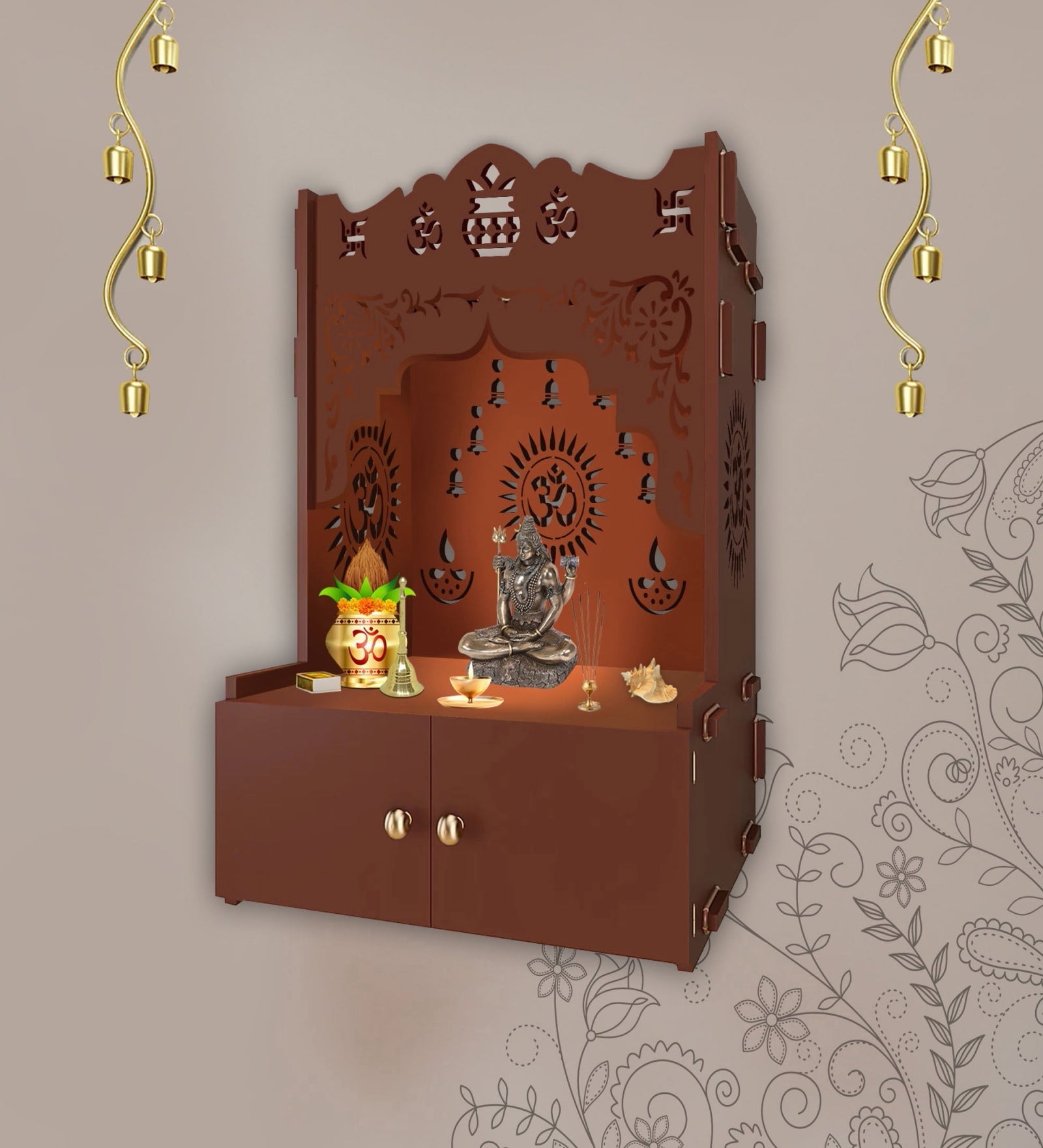 Designer Holy Symbol Om White Wood Temple with Inbuilt Focus Light & Spacious Shelf