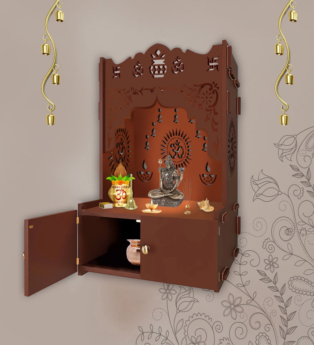 Designer Holy Symbol Om White Wood Temple with Inbuilt Focus Light & Spacious Shelf