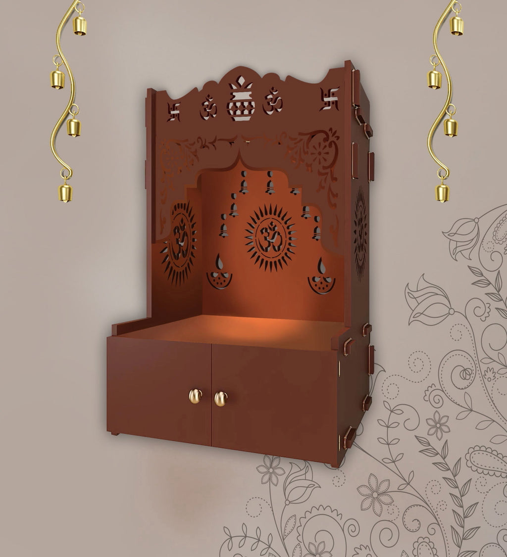 Designer Holy Symbol Om White Wood Temple with Inbuilt Focus Light & Spacious Shelf