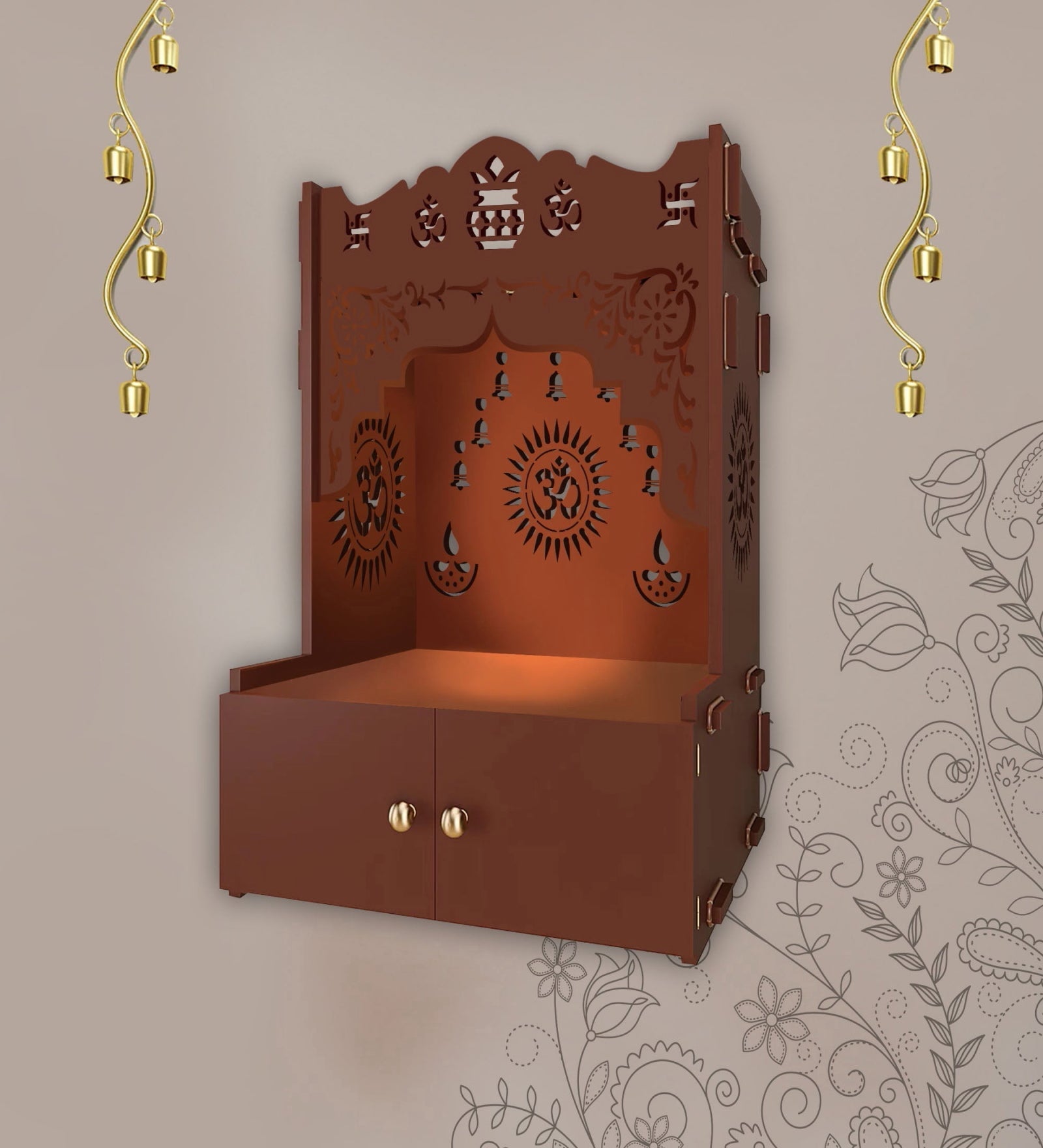 Designer Holy Symbol Om White Wood Temple with Inbuilt Focus Light & Spacious Shelf