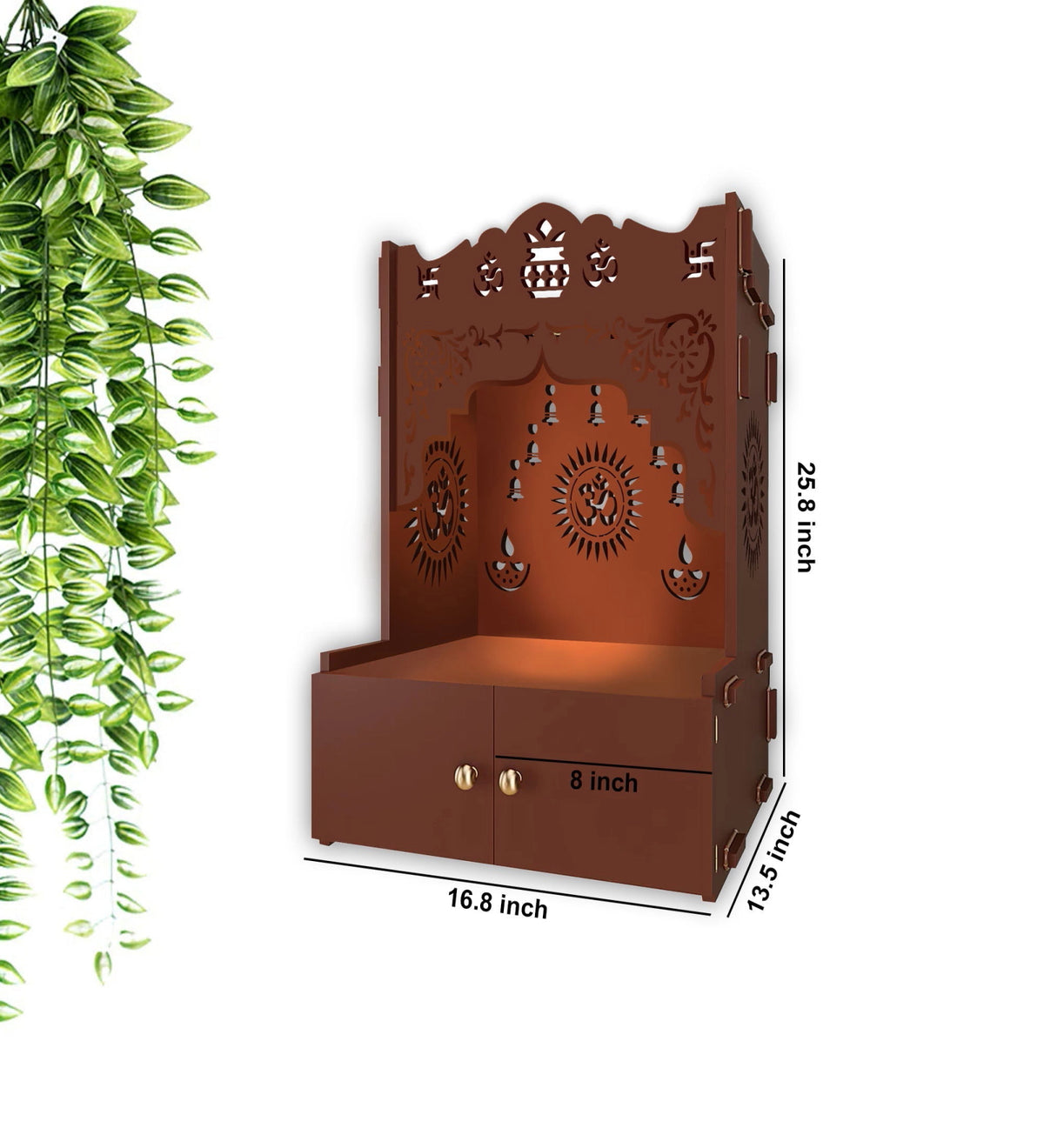 Designer Holy Symbol Om White Wood Temple with Inbuilt Focus Light & Spacious Shelf