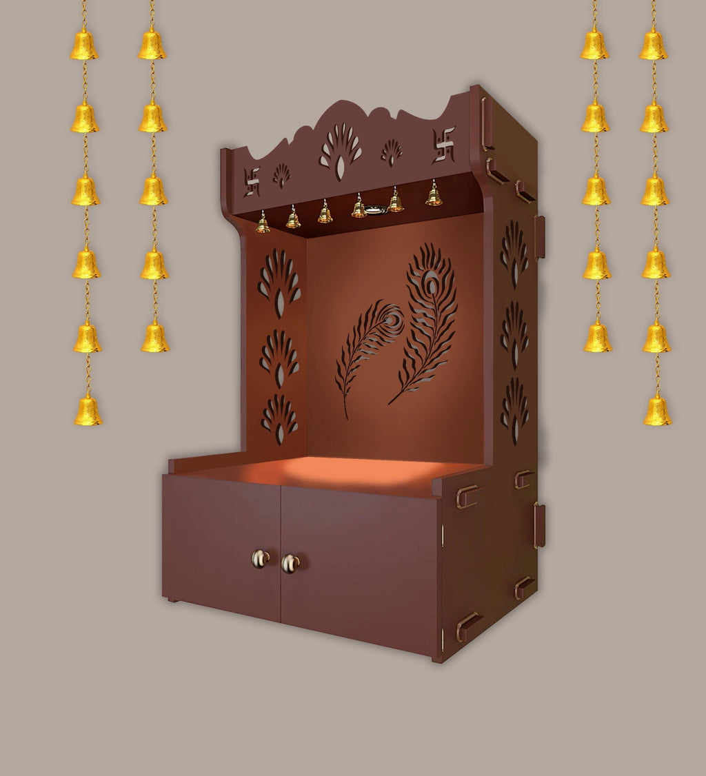 Premium Art of Mor Pankh Brown Wooden Temple for Home with Inbuilt Focus Light & Spacious Shelf