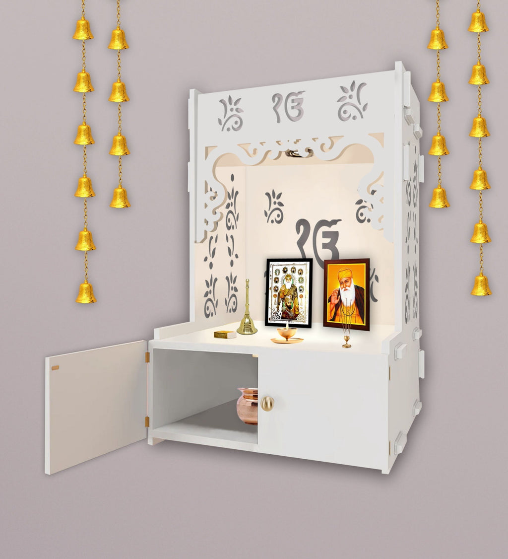Ek-onkar Holy Symbol White Wooden Wall Temple for Home With Inbuilt focus Lights & Spacious Shelf
