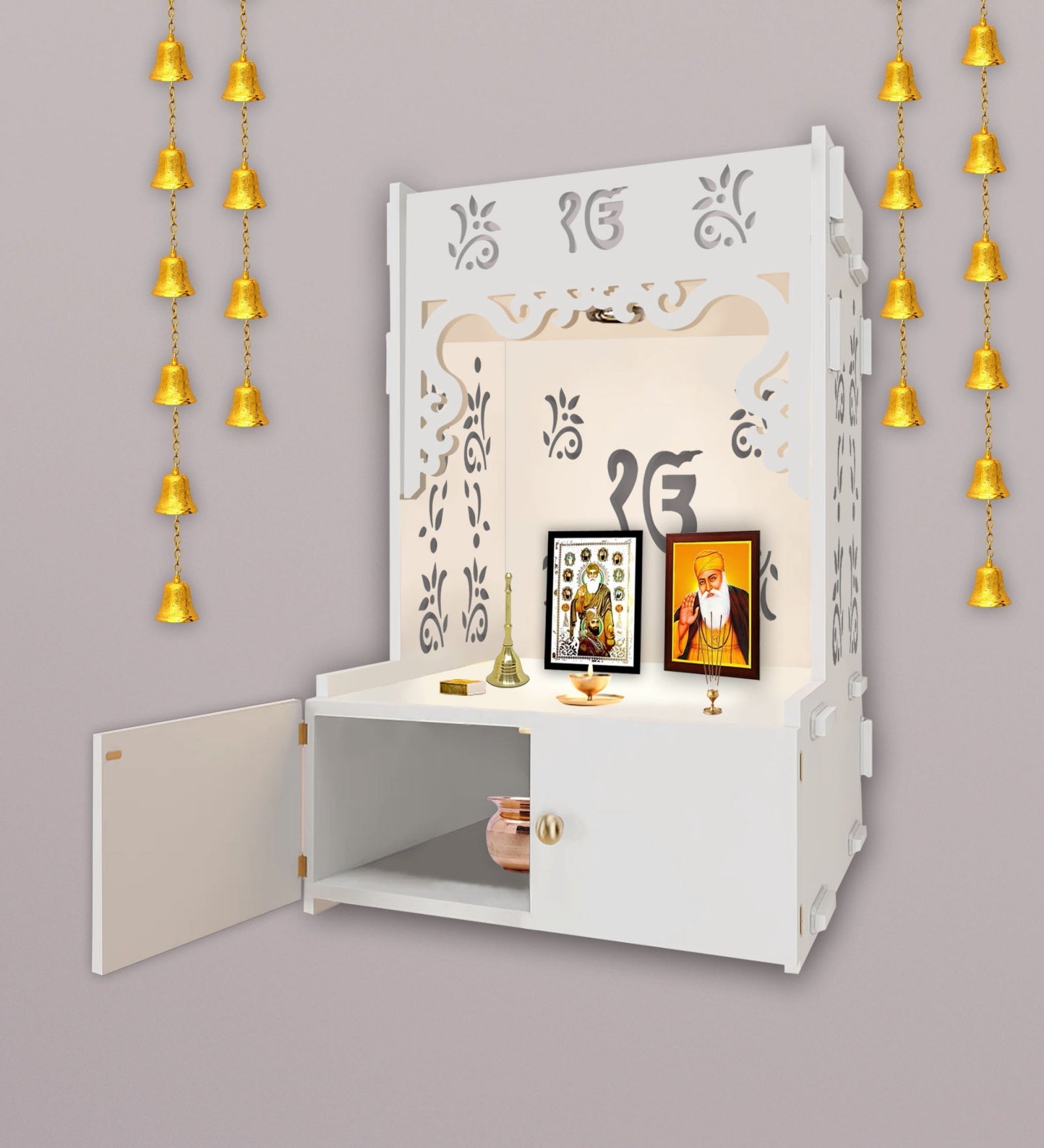 Ek-onkar Holy Symbol White Wooden Wall Temple for Home With Inbuilt focus Lights & Spacious Shelf