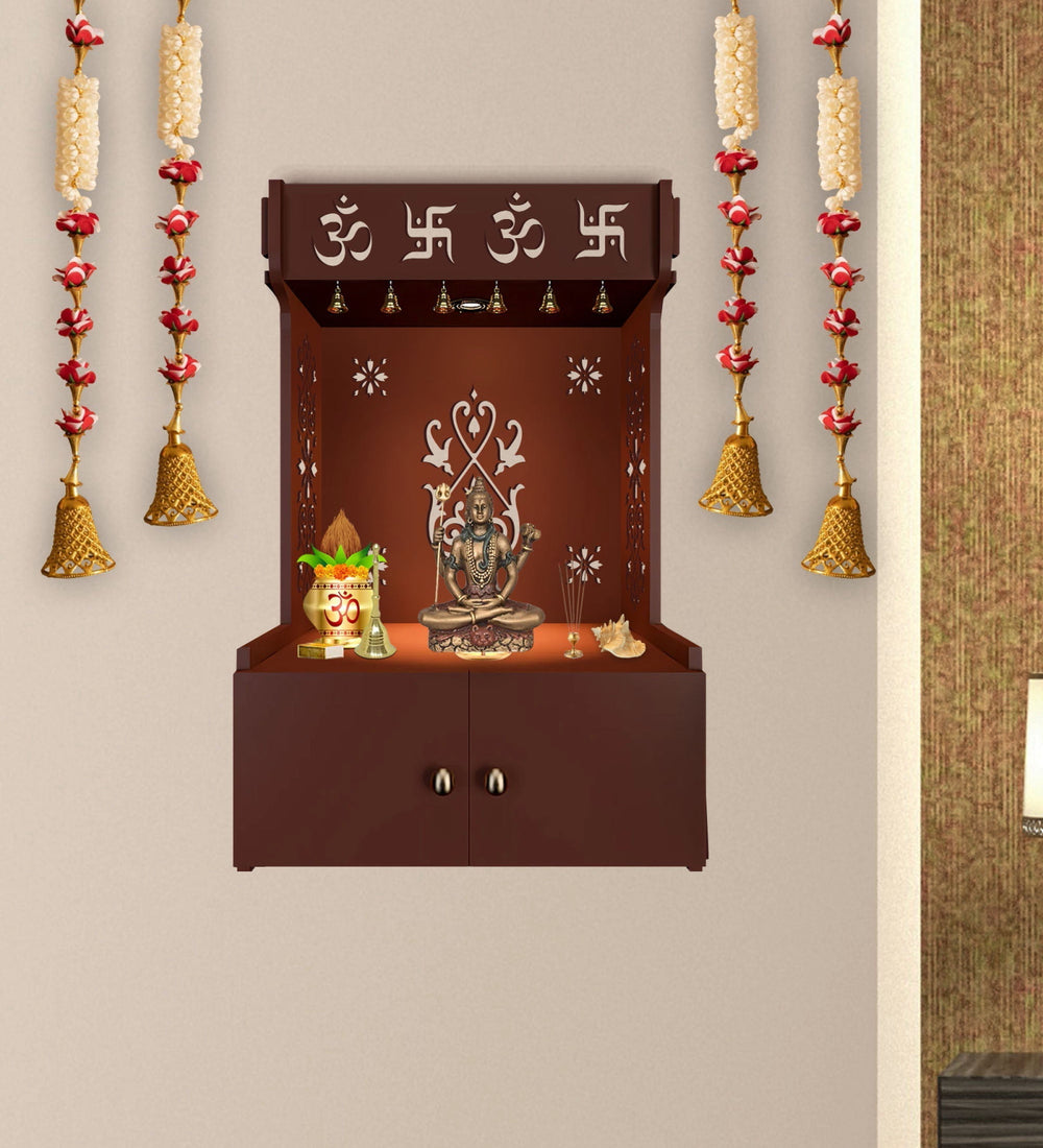 OM Swastika Symbol of Hindu Religious Brown Wooden Wall Temple for Home With Inbuilt focus Lights & Spacious Shelf