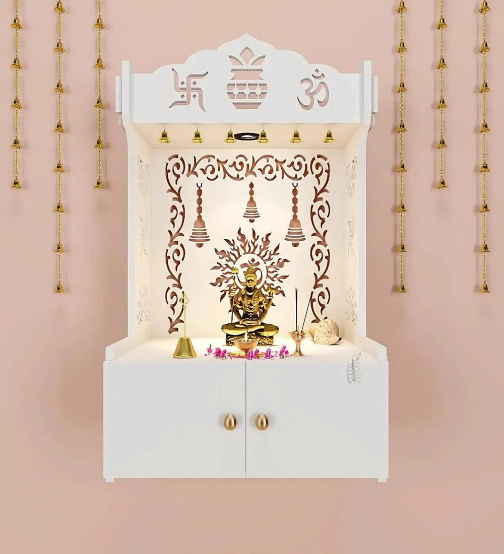 White Wooden Wall Mounted Temple with Engraved Om & Swastik Design Pooja Mandir for Home