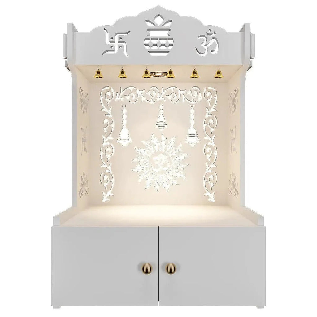 White Wooden Wall Mounted Temple with Engraved Om & Swastik Design Pooja Mandir for Home