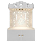 White Wooden Wall Mounted Temple with Engraved Om & Swastik Design Pooja Mandir for Home