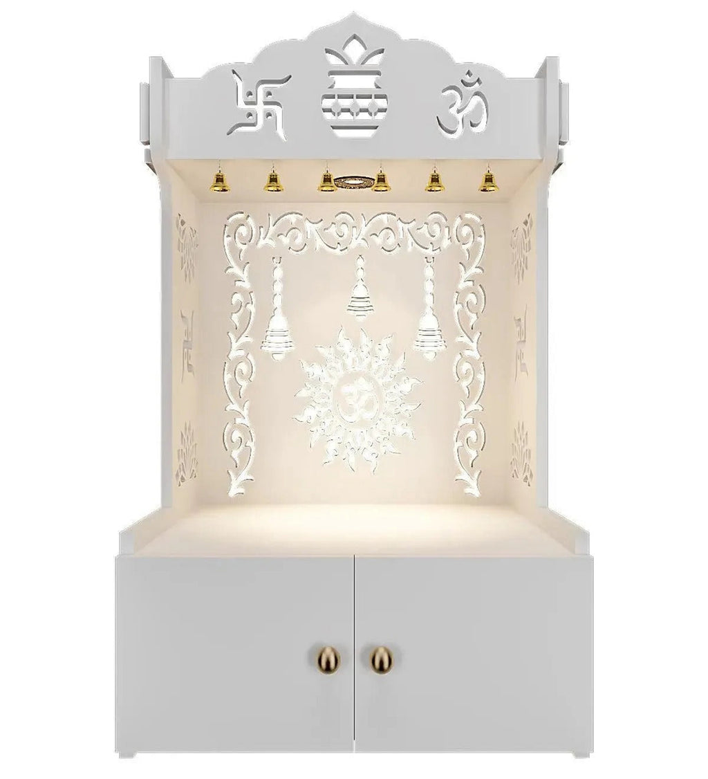 White Wooden Wall Mounted Temple with Engraved Om & Swastik Design Pooja Mandir for Home