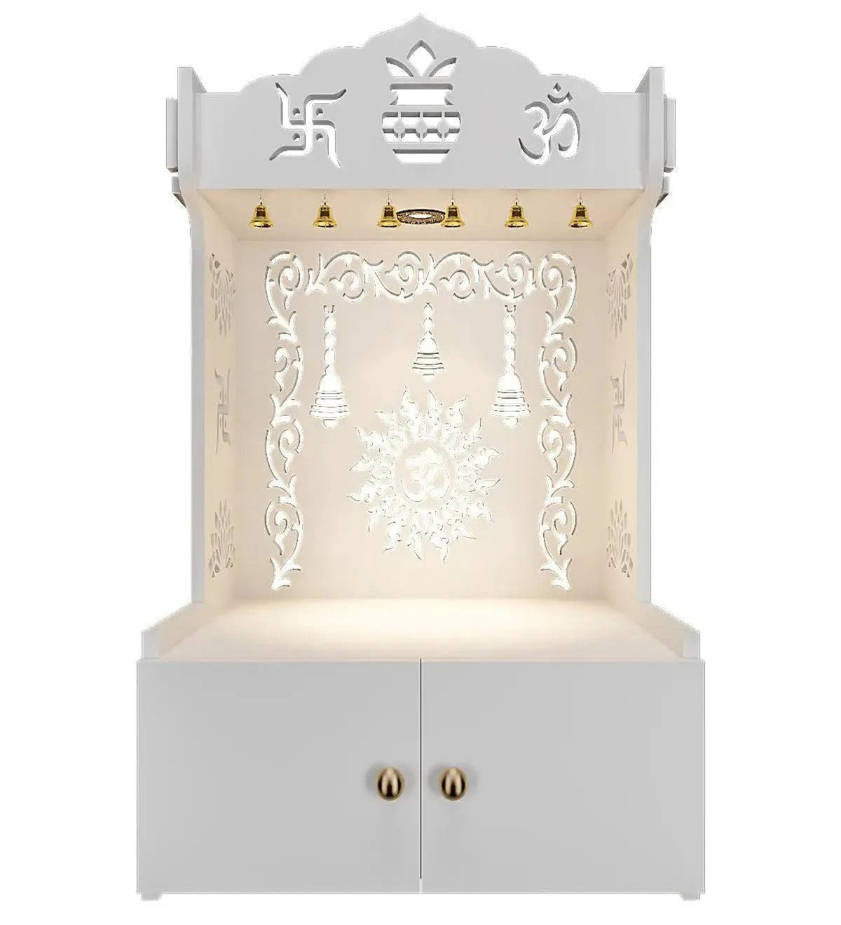 White Wooden Wall Mounted Temple with Engraved Om & Swastik Design Pooja Mandir for Home