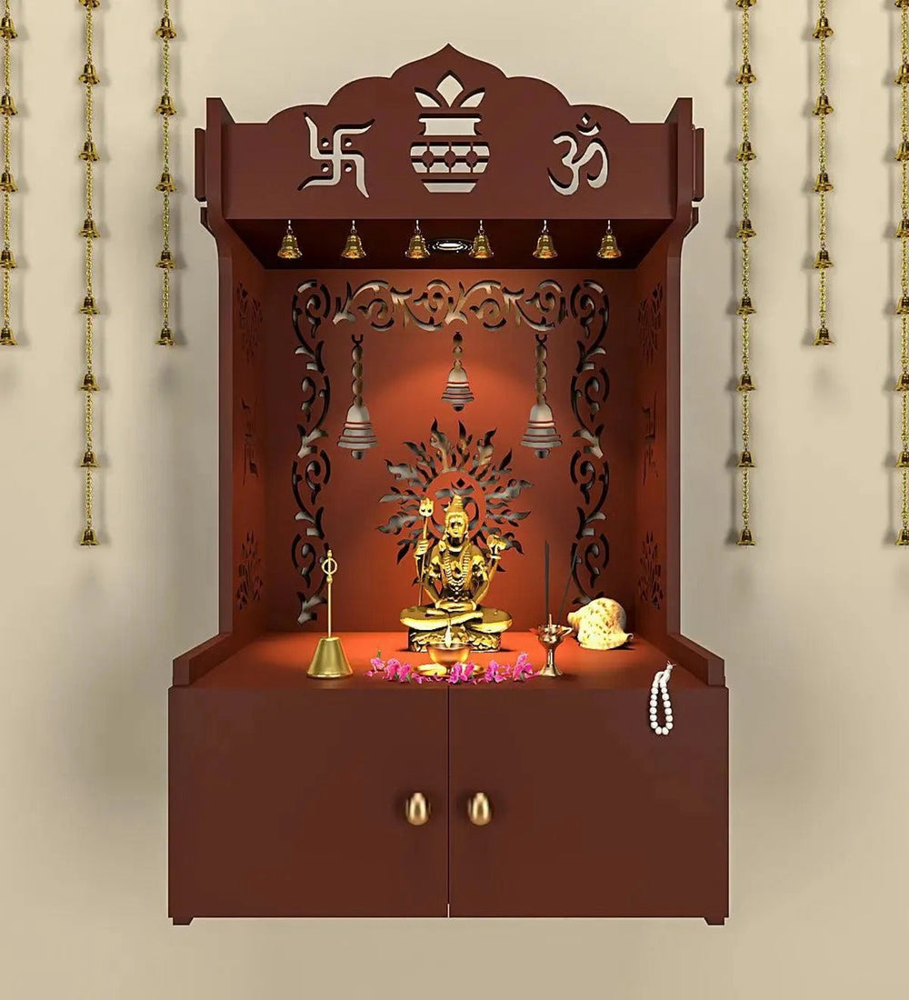 Brown Wooden Wall Mounted Temple with Om-Swastik Carving Pooja Mandir for Home