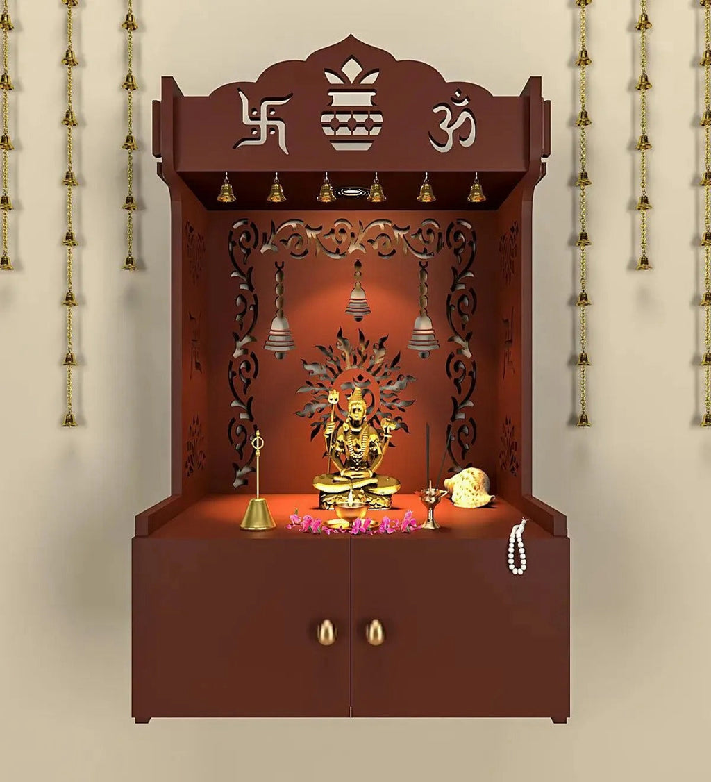 Brown Wooden Wall Mounted Temple with Om-Swastik Carving Pooja Mandir for Home