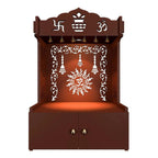 Brown Wooden Wall Mounted Temple with Om-Swastik Carving Pooja Mandir for Home