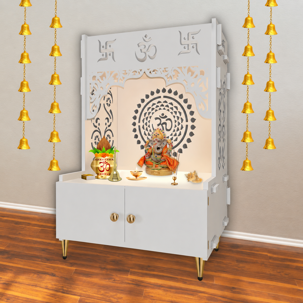 Designer Om Chakra Floor Temple with Spacious Wooden Shelf & Inbuilt Focus Light- White Finish