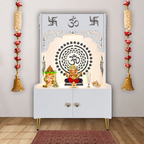 Designer Om Chakra Floor Temple with Spacious Wooden Shelf & Inbuilt Focus Light- White Finish