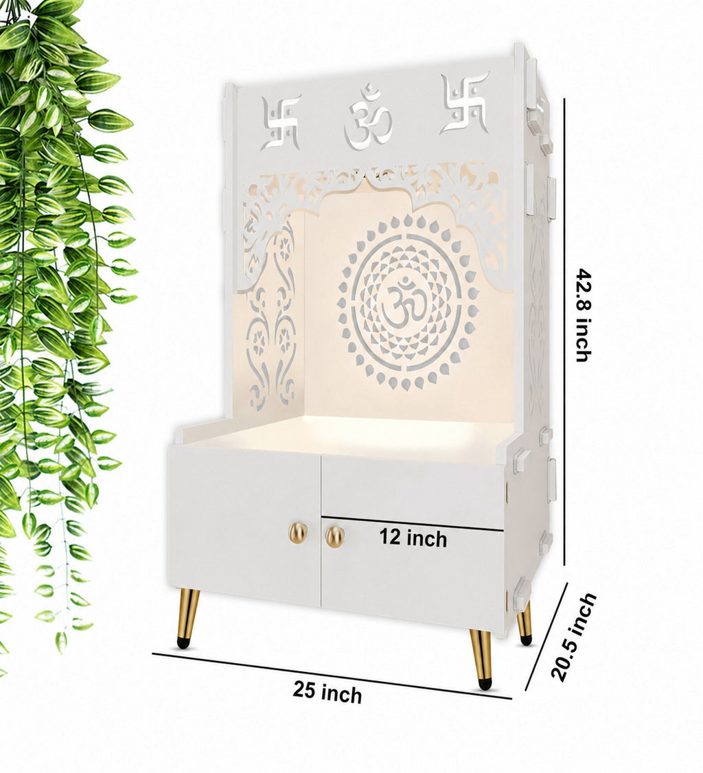Designer Om Chakra Floor Temple with Spacious Wooden Shelf & Inbuilt Focus Light- White Finish