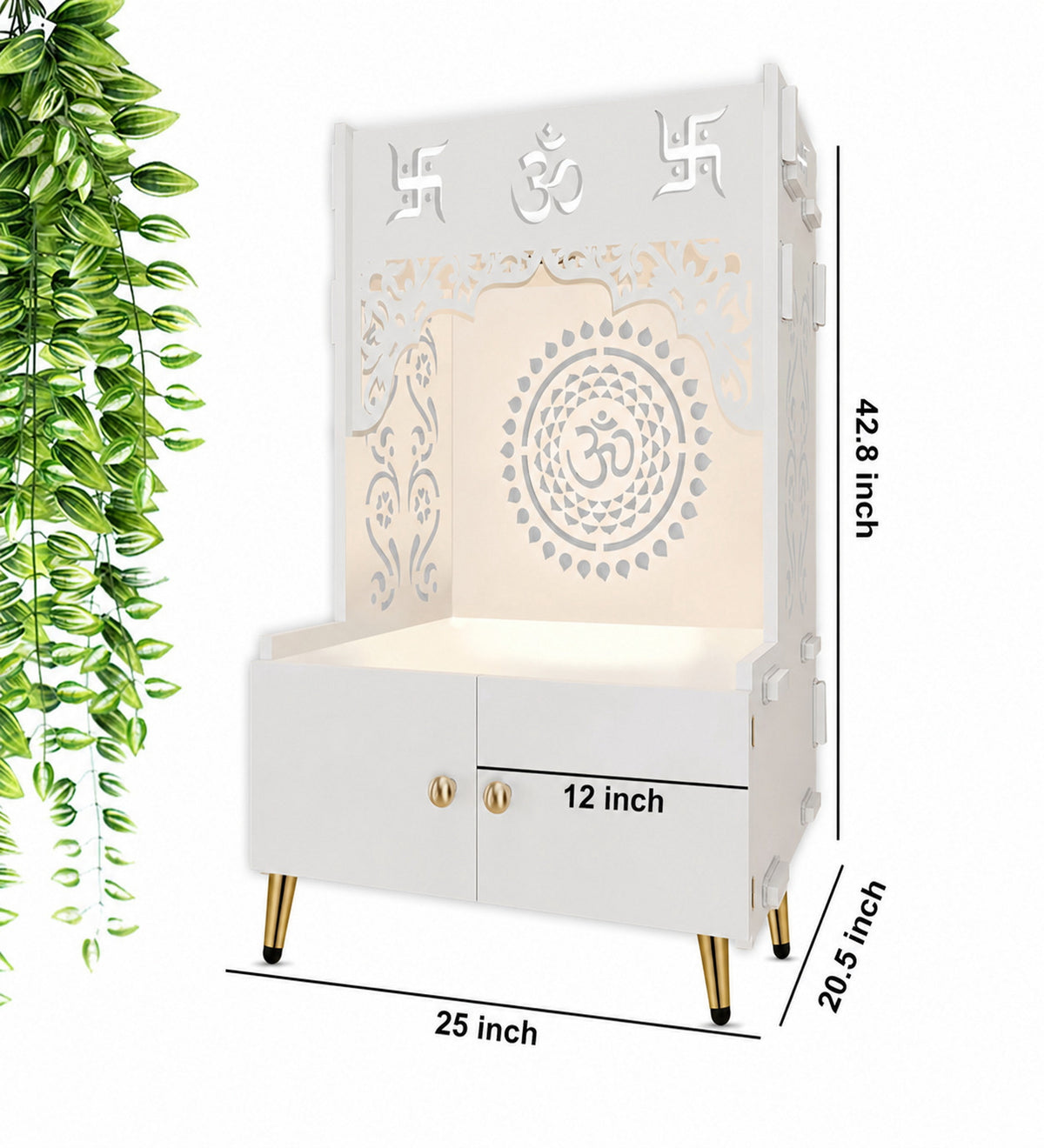 Designer Om Chakra Floor Temple with Spacious Wooden Shelf & Inbuilt Focus Light- White Finish