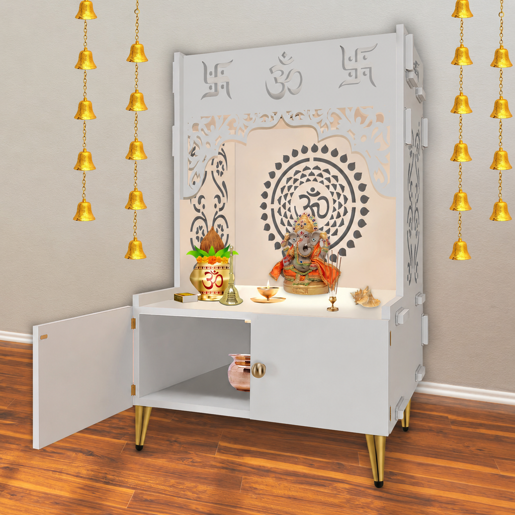 Designer Om Chakra Floor Temple with Spacious Wooden Shelf & Inbuilt Focus Light- White Finish