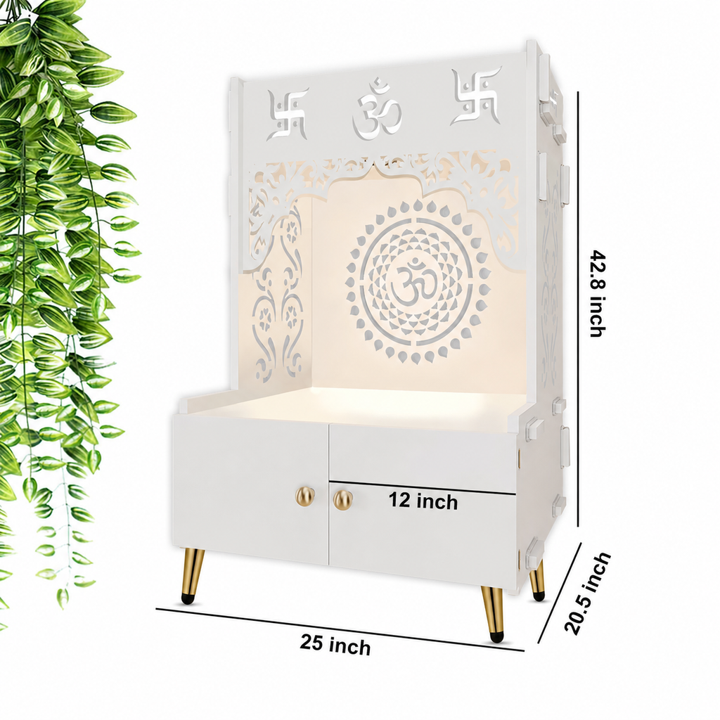 Designer Om Chakra Floor Temple with Spacious Wooden Shelf & Inbuilt Focus Light- White Finish