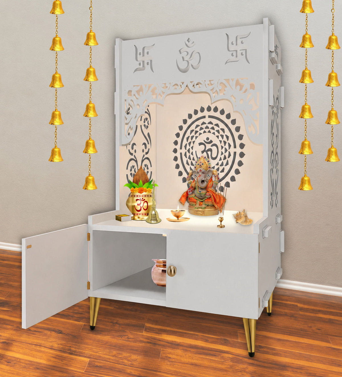 Designer Om Chakra Floor Temple with Spacious Wooden Shelf & Inbuilt Focus Light- White Finish