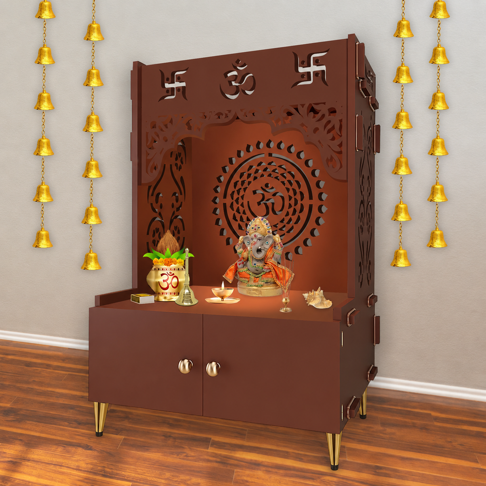 Designer Om Chakra Floor Temple with Spacious Wooden Shelf & Inbuilt Focus Light- Brown Finish