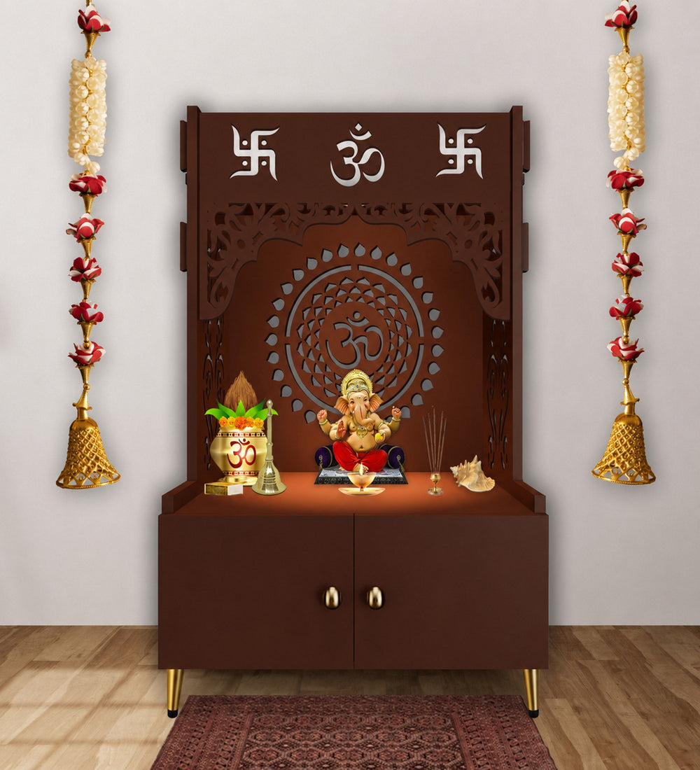 Designer Om Chakra Floor Temple with Spacious Wooden Shelf & Inbuilt Focus Light- Brown Finish