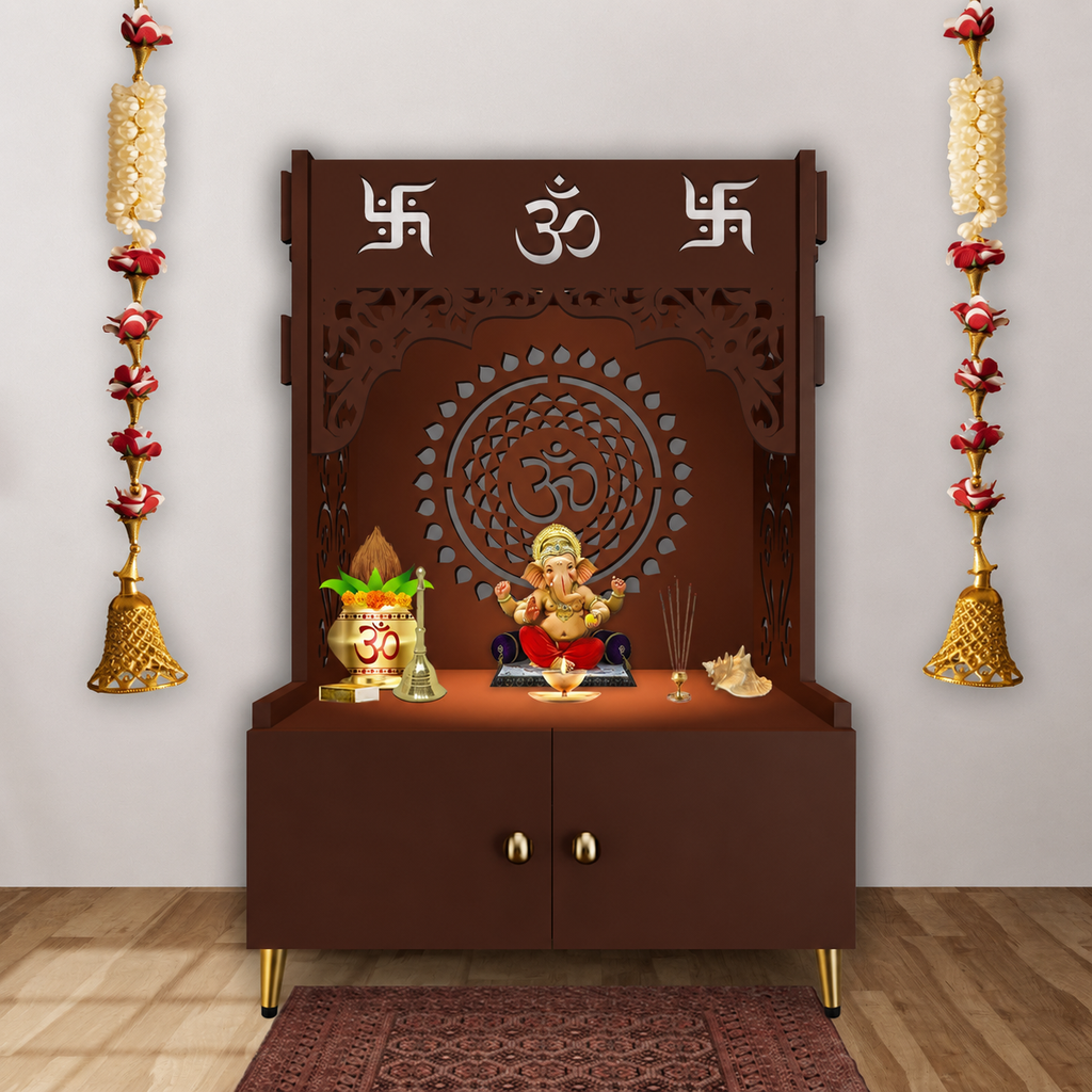 Designer Om Chakra Floor Temple with Spacious Wooden Shelf & Inbuilt Focus Light- Brown Finish