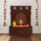 Designer Om Chakra Floor Temple with Spacious Wooden Shelf & Inbuilt Focus Light- Brown Finish
