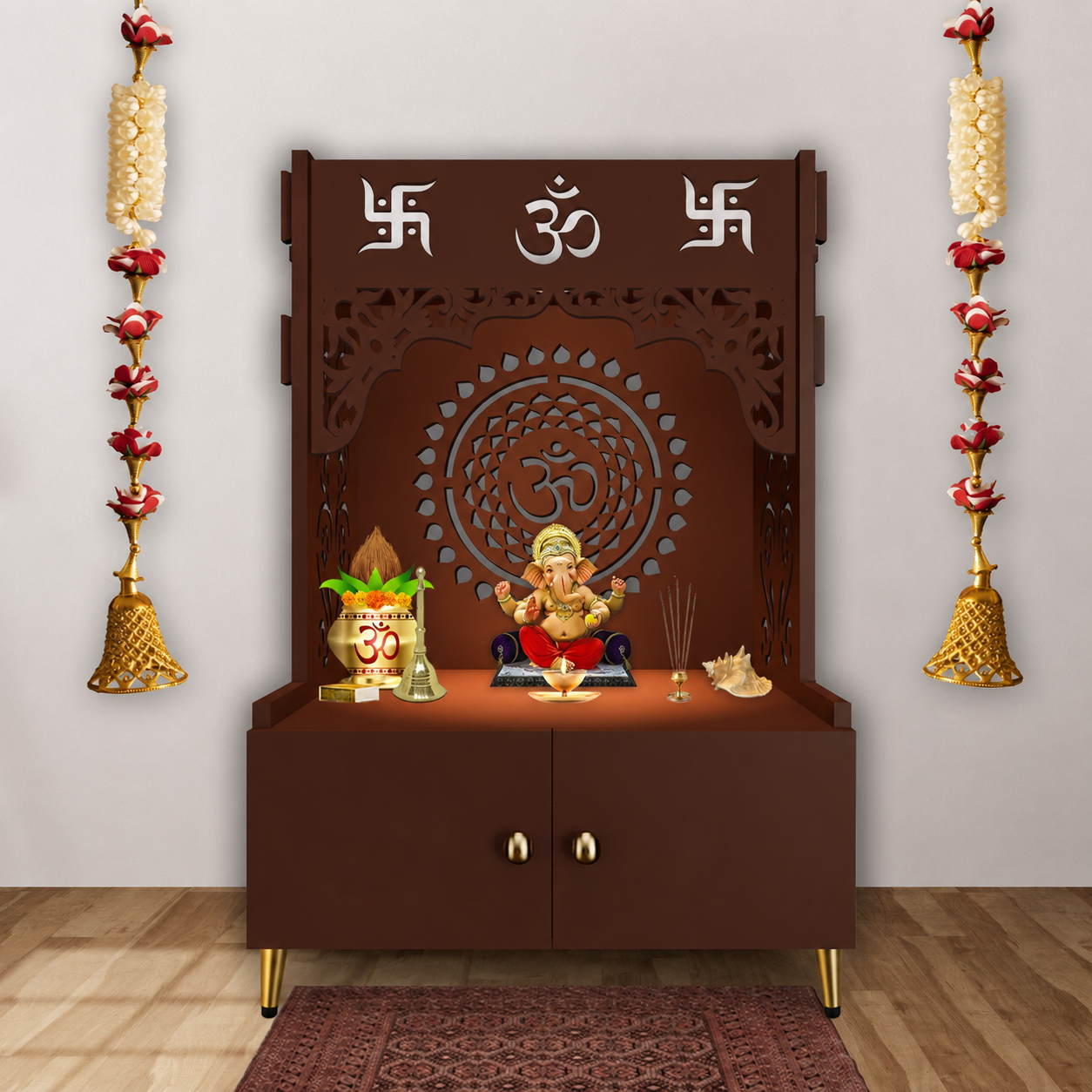 Designer Om Chakra Floor Temple with Spacious Wooden Shelf & Inbuilt Focus Light- Brown Finish